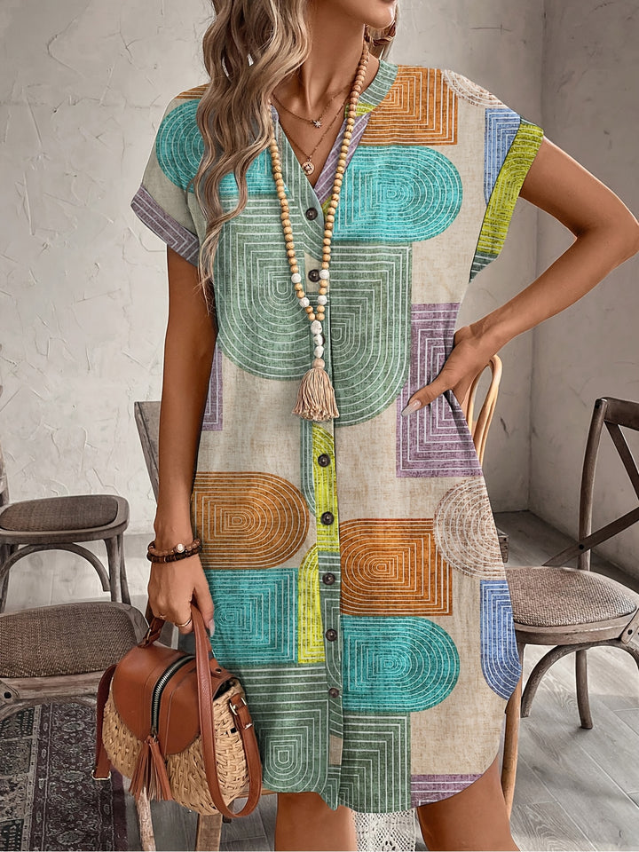 Tavira | Women’s Button-Front Shirt Dress with geometric print and short arm panels