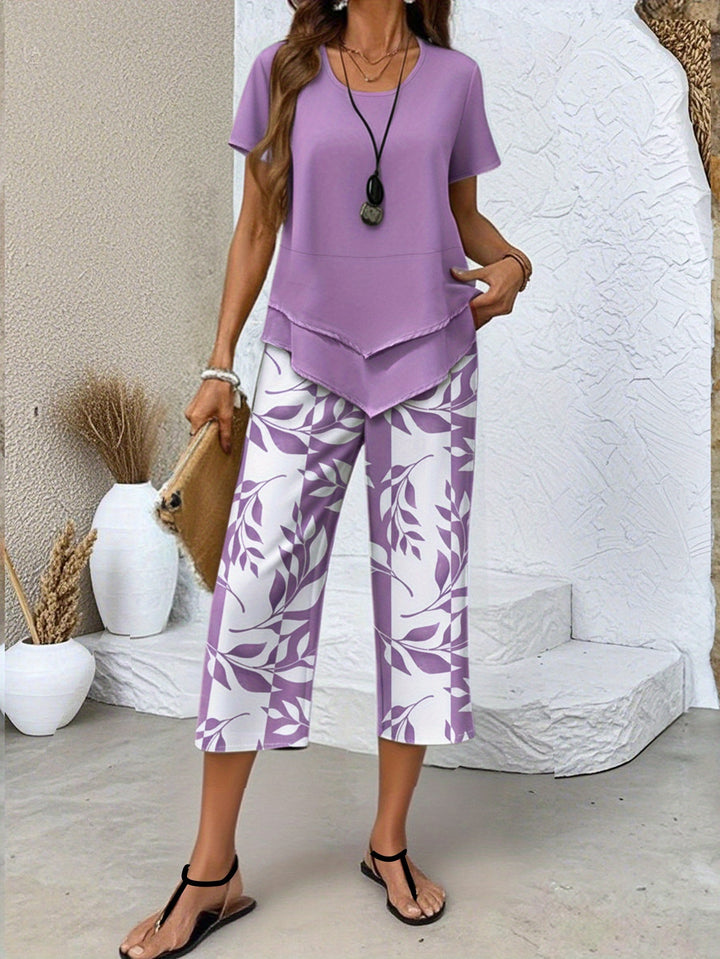 Solviera | Women’s Two-Piece Set with layered top and printed trousers