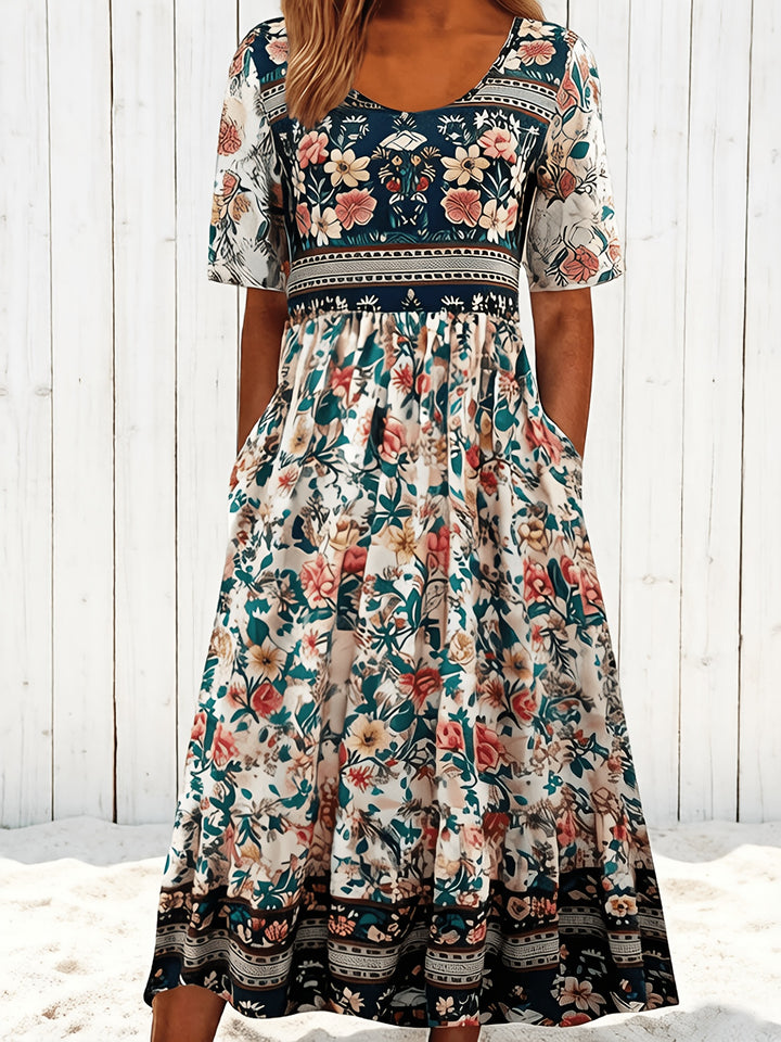 Thaloria | Women’s Midi Dress with printed panel design and half arm cover