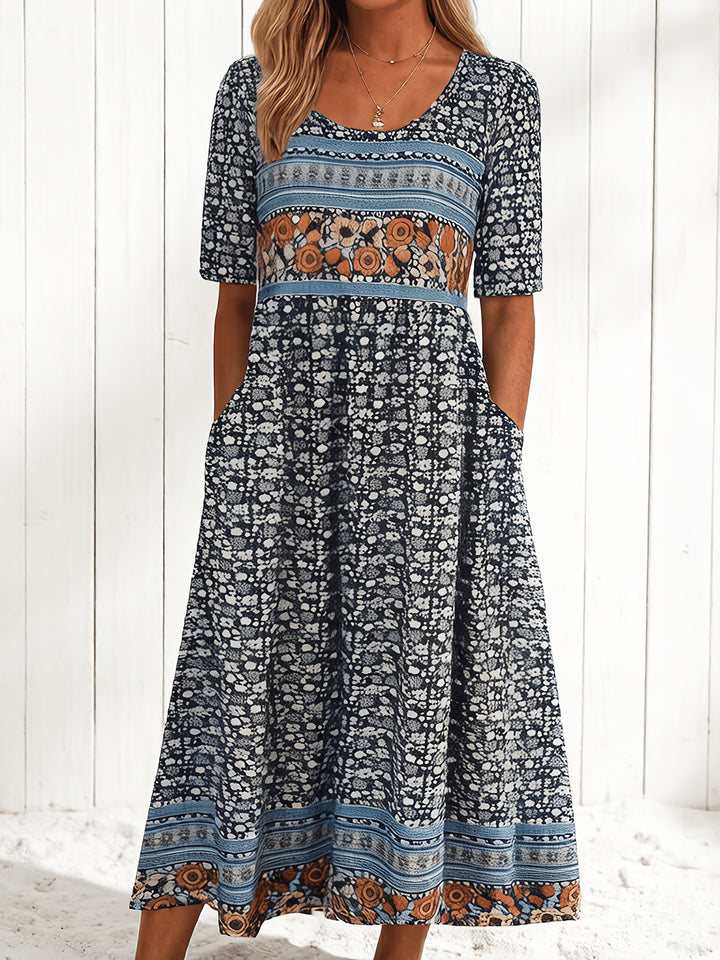 Thaloria | Women’s Midi Dress with printed panel design and half arm cover