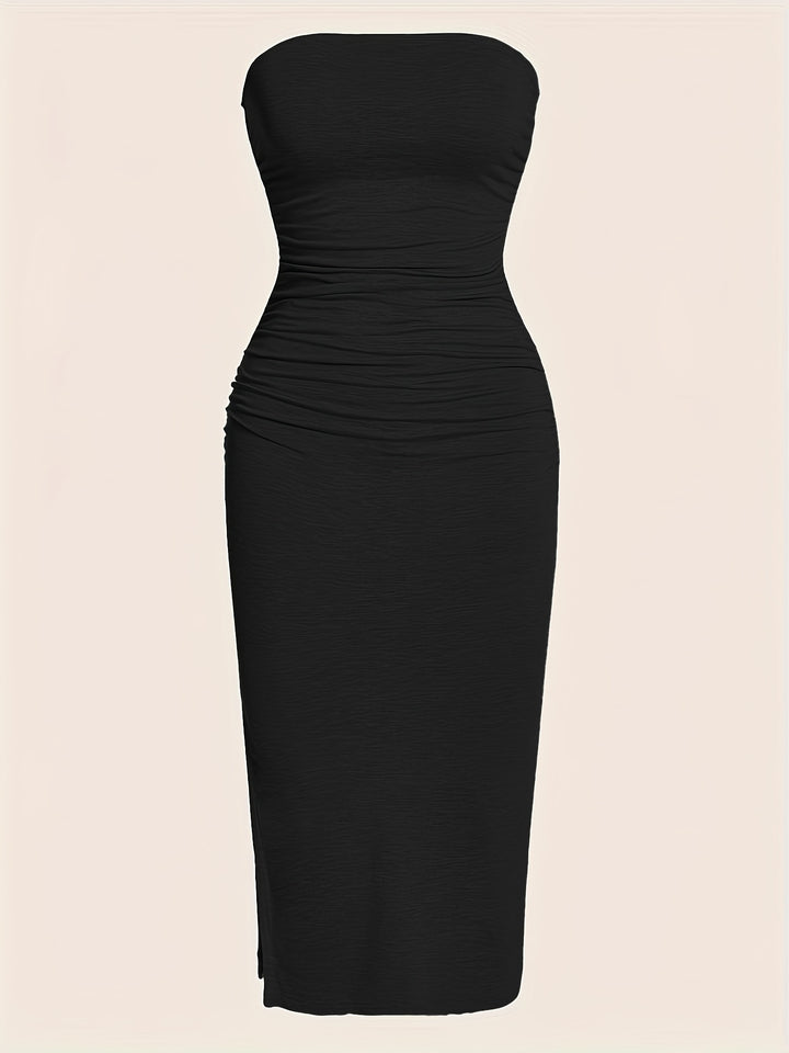 Zorelle | Women’s Strapless Midi Dress with ruched detail and side slit