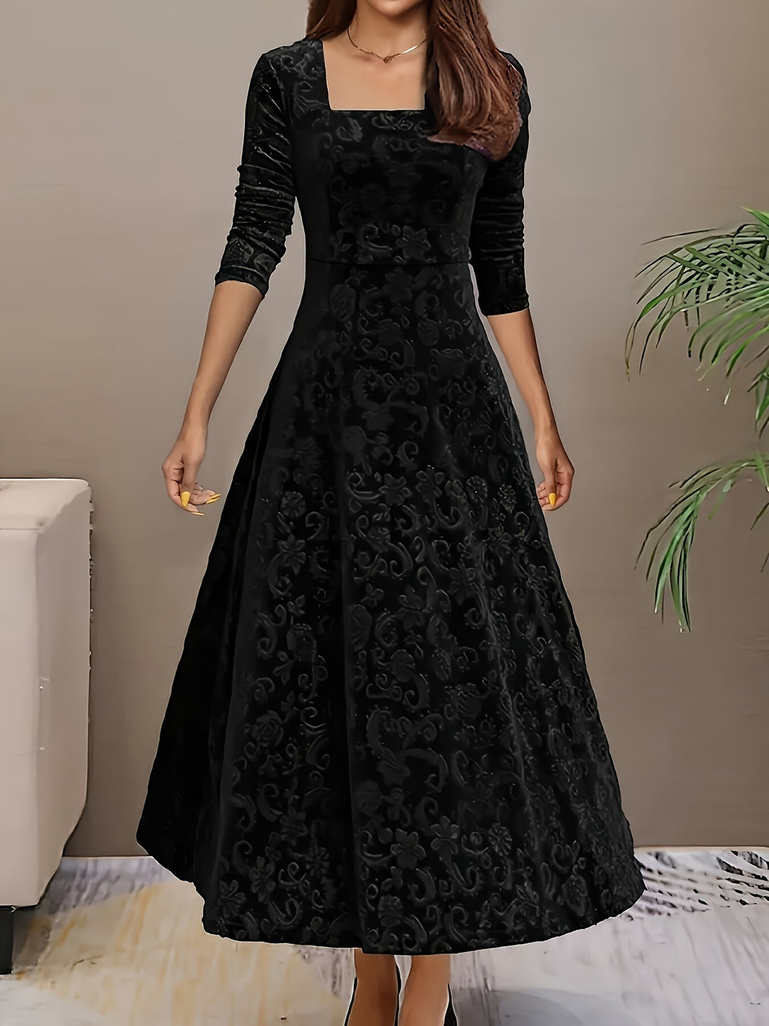Elarisse | Women’s Midi Dress with square neckline and elegant drape