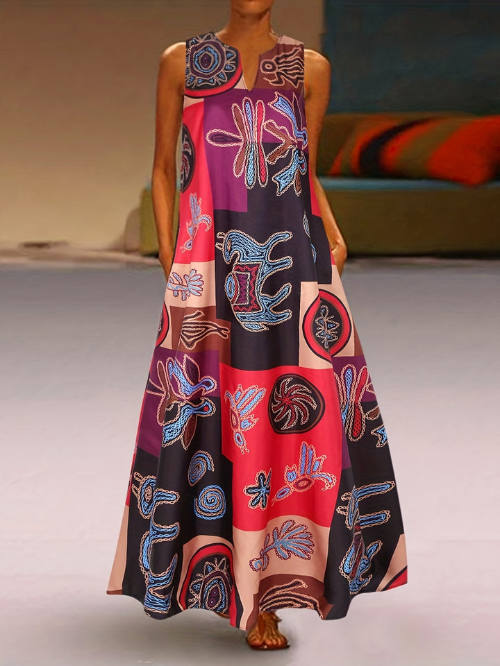 Ervessa | Women’s Sleeveless Maxi Dress with abstract print and flowing figure