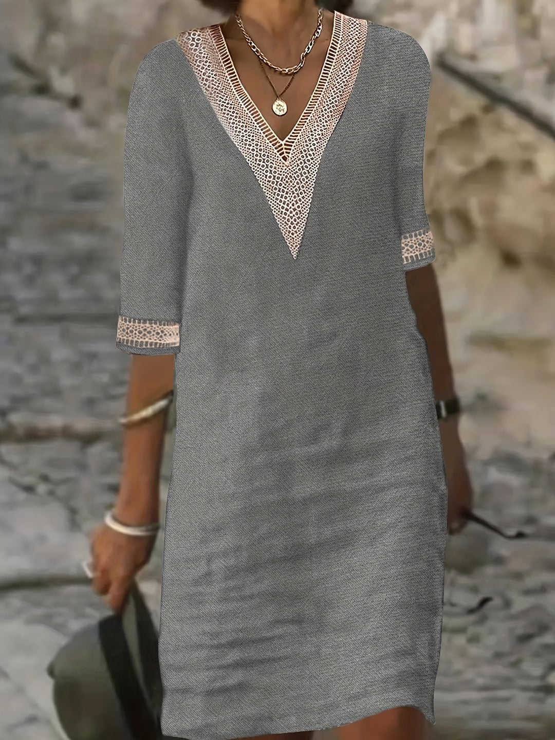 Novera | Women’s V-Neck Shift Dress with lace trim and relaxed fall