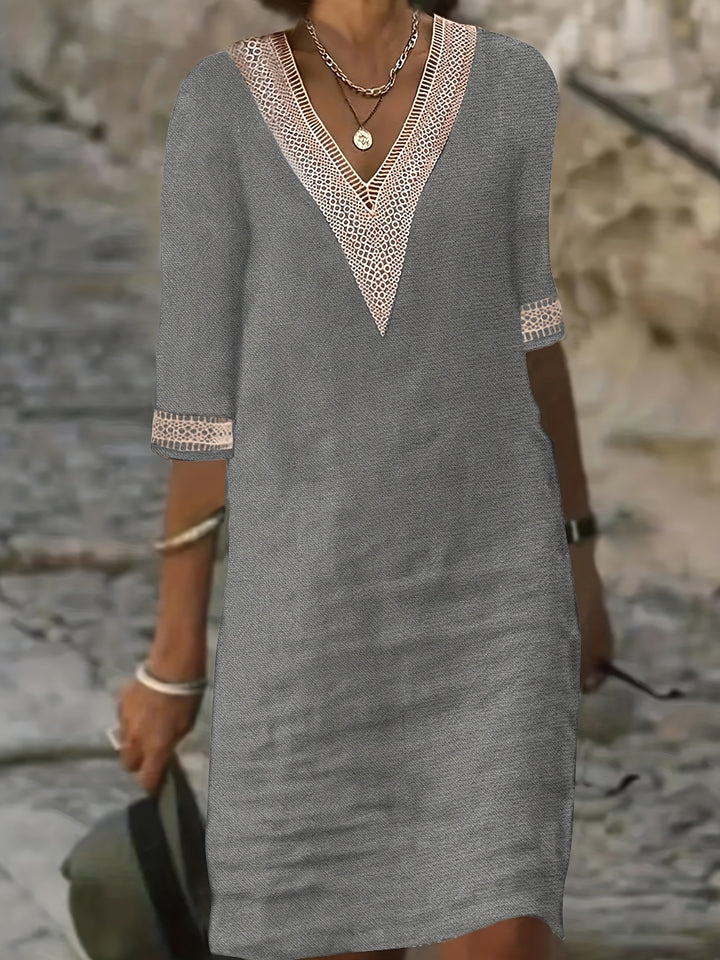 Novera | Women’s V-Neck Shift Dress with lace trim and relaxed fall