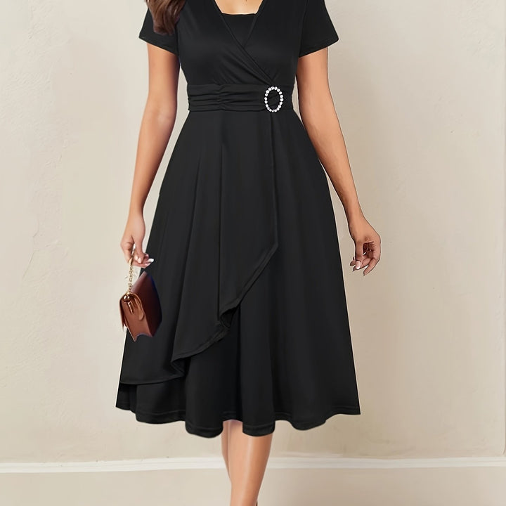 Velmora | Women’s Wrap Midi Dress with gathered waist and buckle addition