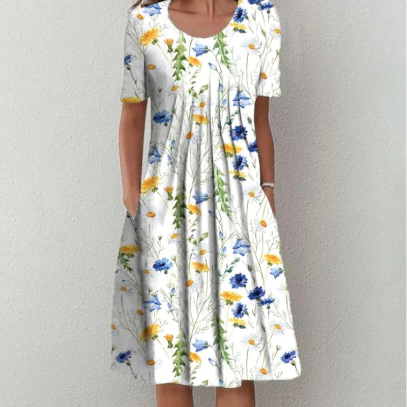 Melira | Women’s Floral Dress with Round Neck and Short Sleeves