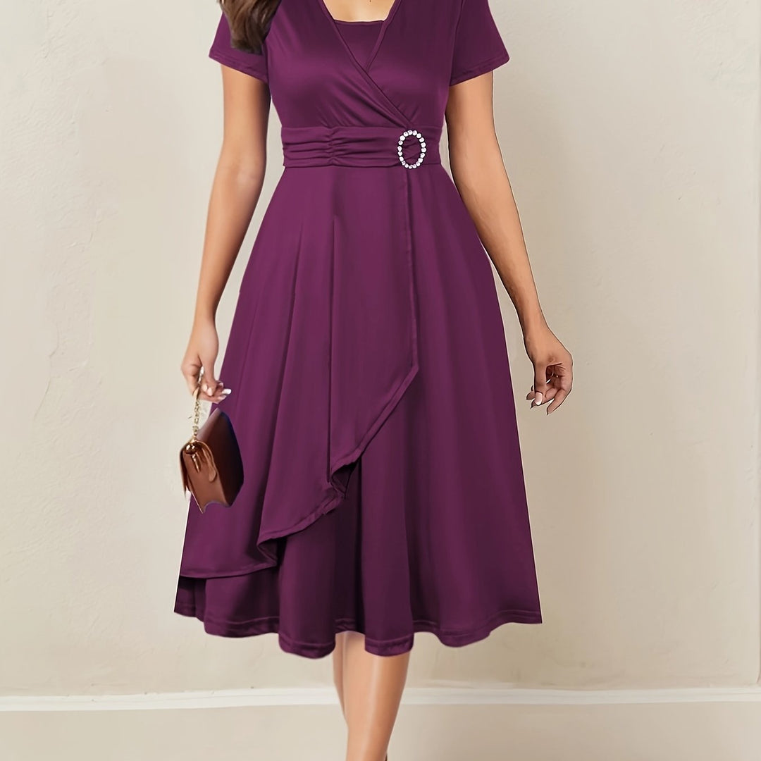 Velmora | Women’s Wrap Midi Dress with gathered waist and buckle addition