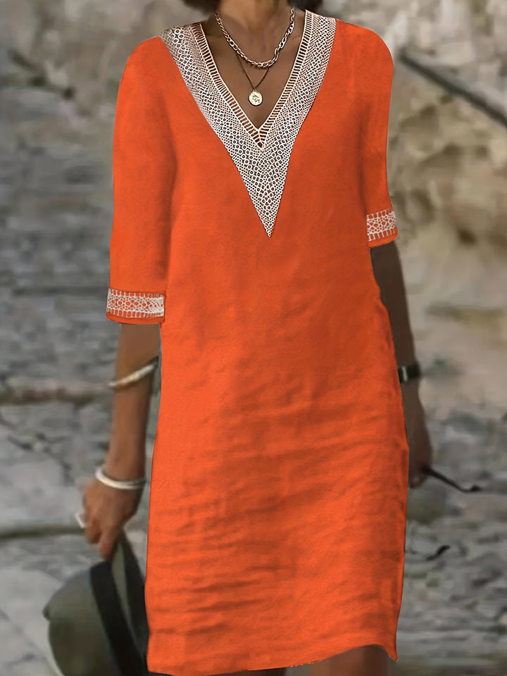 Novera | Women’s V-Neck Shift Dress with lace trim and relaxed fall