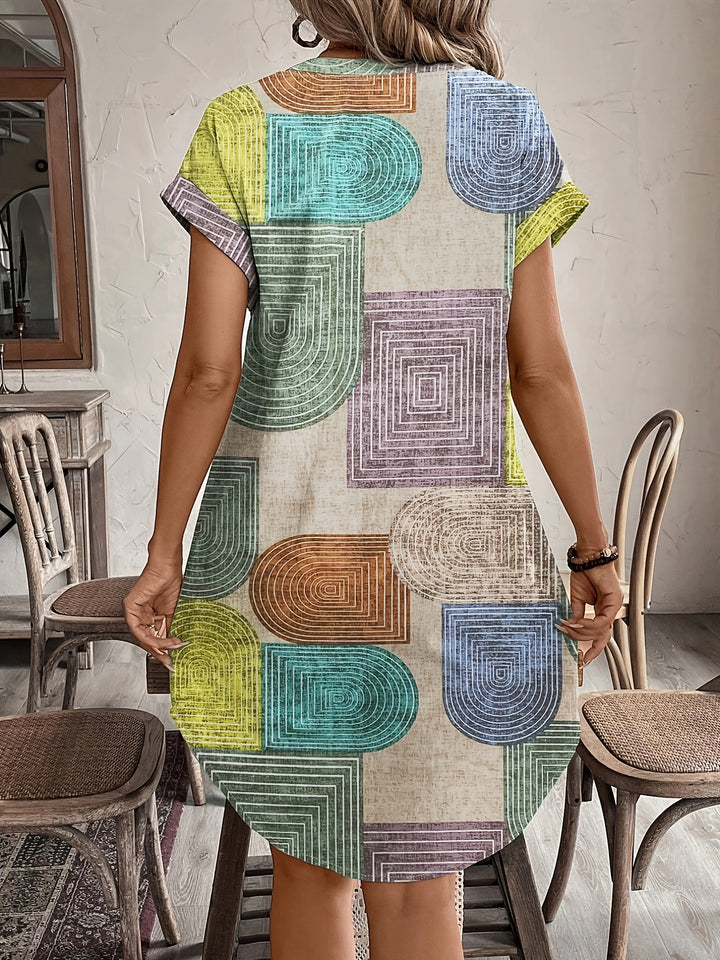 Tavira | Women’s Button-Front Shirt Dress with geometric print and short arm panels