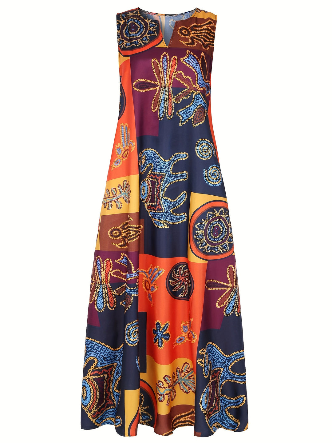 Ervessa | Women’s Sleeveless Maxi Dress with abstract print and flowing figure