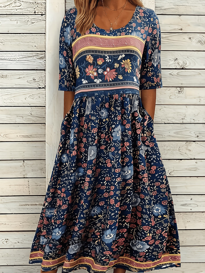 Thaloria | Women’s Midi Dress with printed panel design and half arm cover
