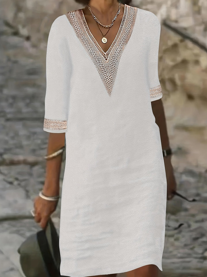 Novera | Women’s V-Neck Shift Dress with lace trim and relaxed fall