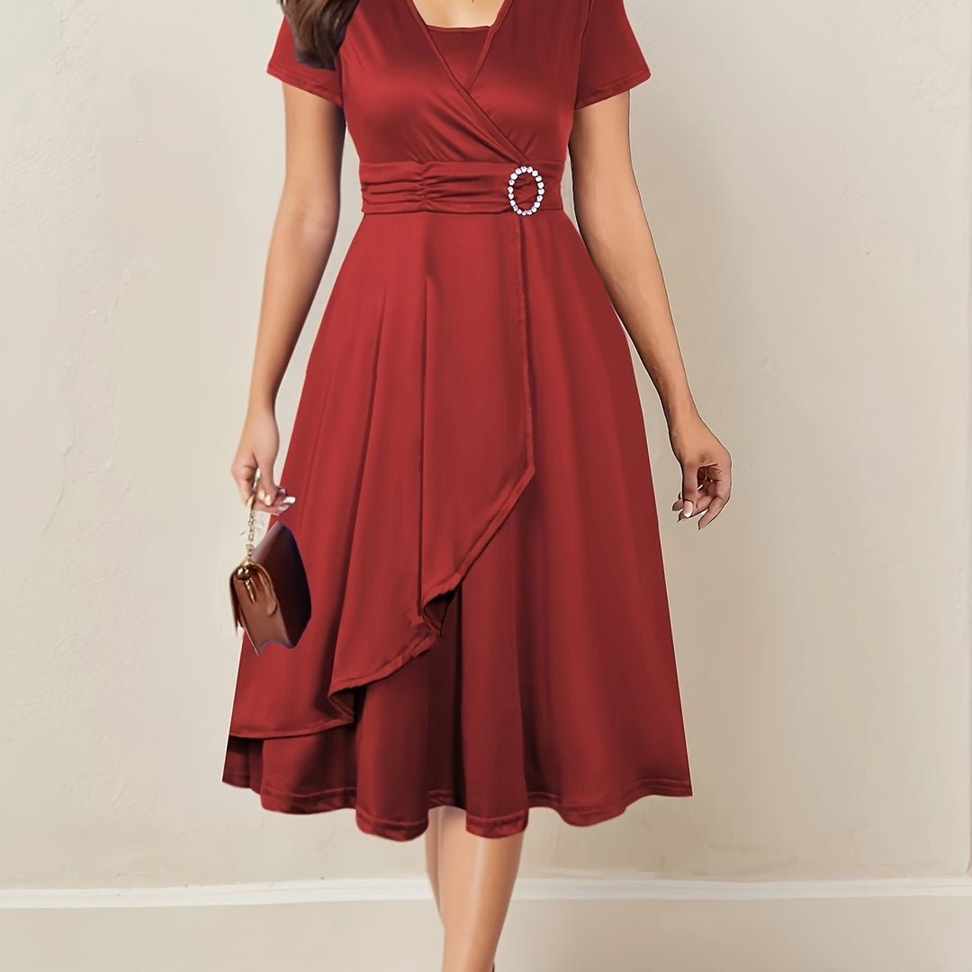 Velmora | Women’s Wrap Midi Dress with gathered waist and buckle addition