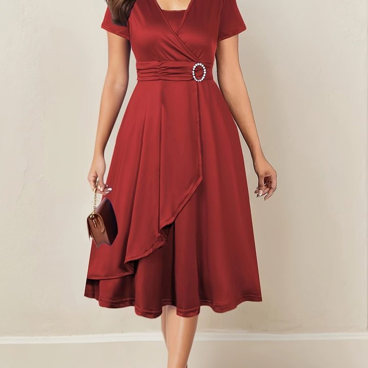 Velmora | Women’s Wrap Midi Dress with gathered waist and buckle addition