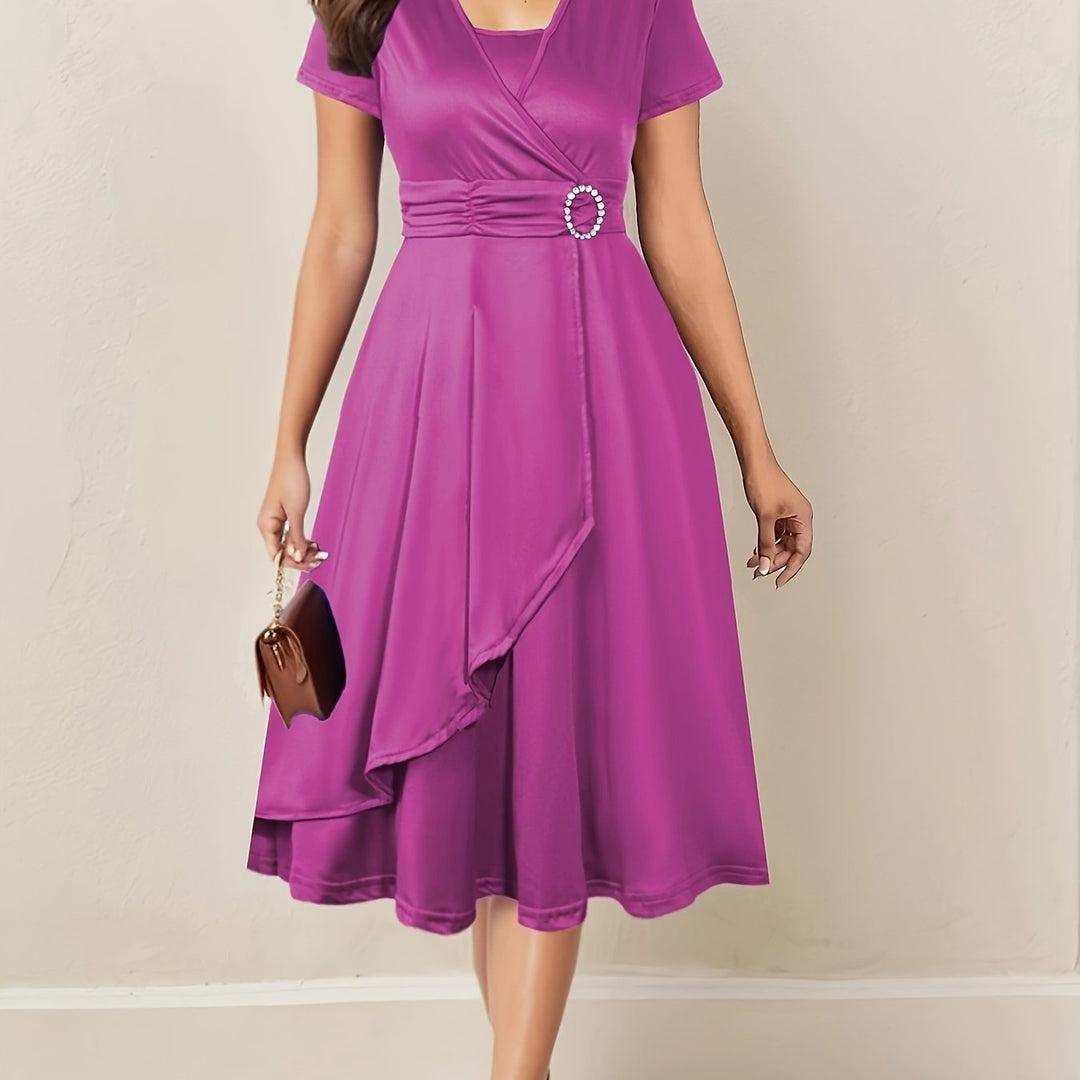 Velmora | Women’s Wrap Midi Dress with gathered waist and buckle addition