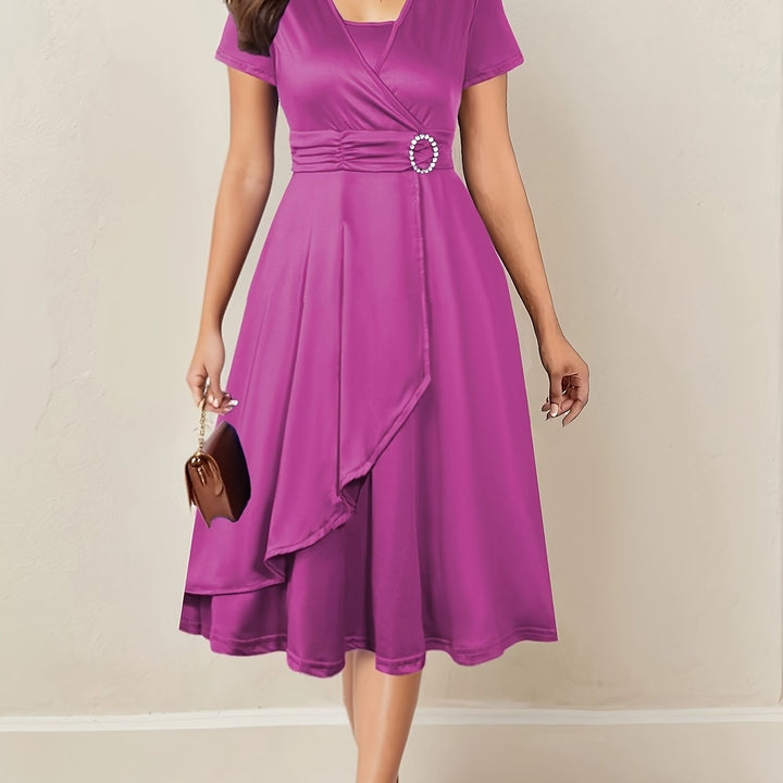 Velmora | Women’s Wrap Midi Dress with gathered waist and buckle addition