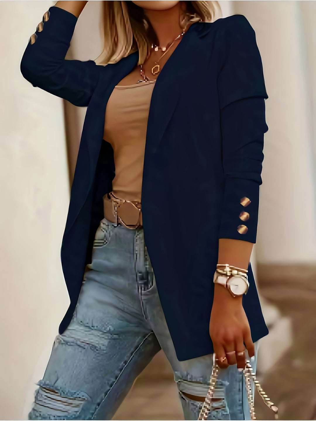 Velora | Women’s Open-Front Blazer with cuff button closure