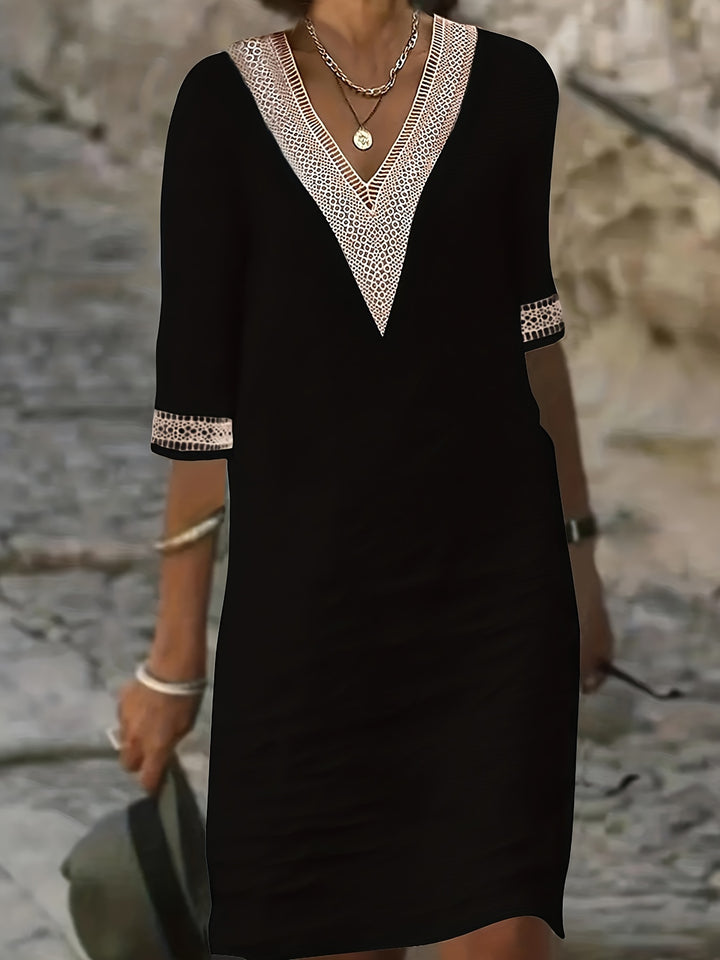 Novera | Women’s V-Neck Shift Dress with lace trim and relaxed fall