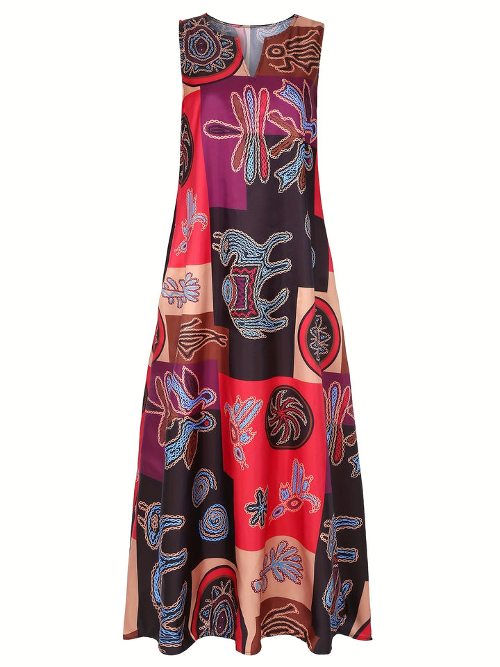 Ervessa | Women’s Sleeveless Maxi Dress with abstract print and flowing figure