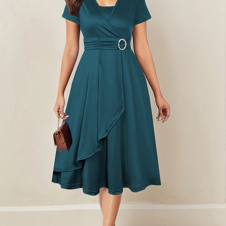 Velmora | Women’s Wrap Midi Dress with gathered waist and buckle addition