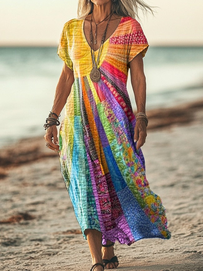 Liorena | Women’s Patchwork Midi Dress with V-neckline and flowing drape