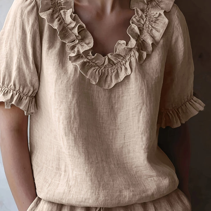 Elmirae | Women’s Blouse with ruffled neckline and soft short layers