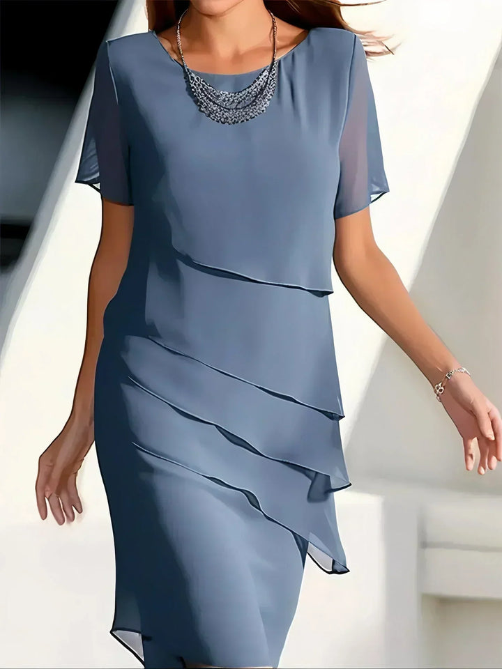 Serenya | Women’s Layered Midi Dress with round neckline and soft line