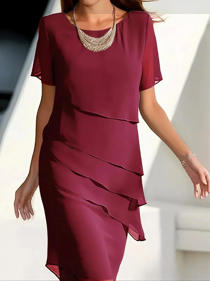 Serenya | Women’s Layered Midi Dress with round neckline and soft line