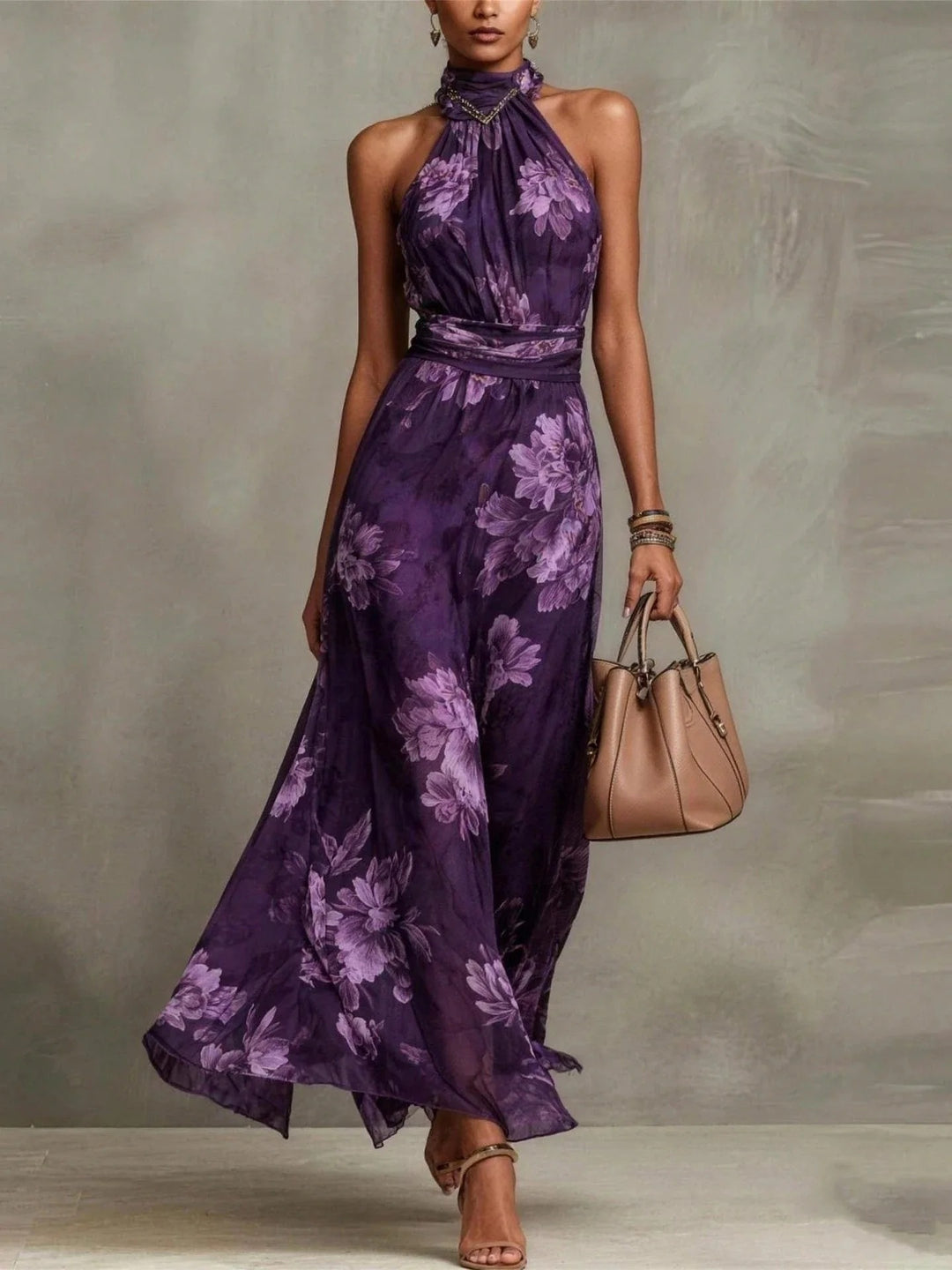 Avelira | Women’s Halterneck Maxi Dress with floral print and flowing soft cascade`