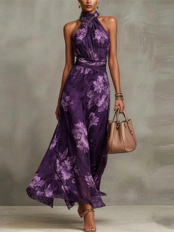 Avelira | Women’s Halterneck Maxi Dress with floral print and flowing soft cascade`
