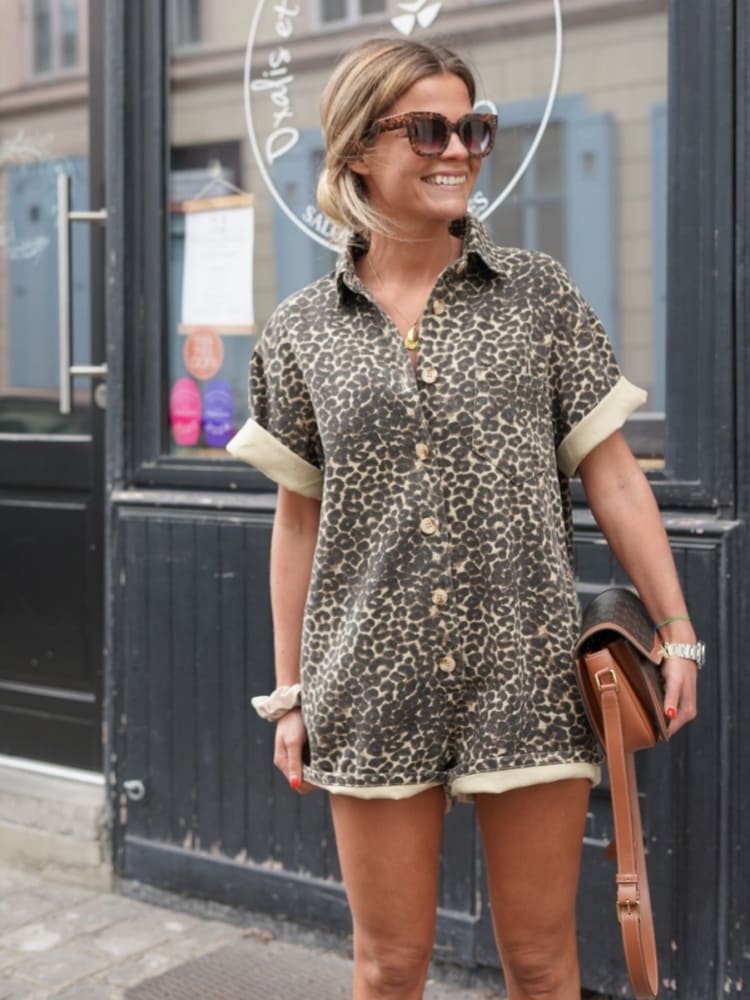 Liora | Women’s Leopard Print Playsuit with Button Front and Casual Fit