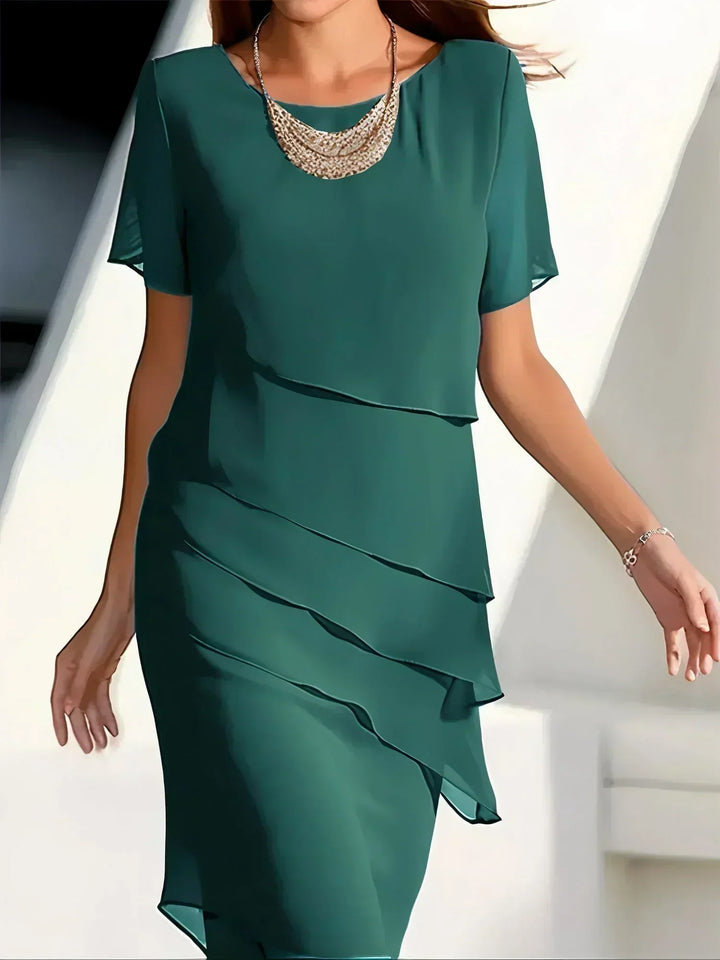 Serenya | Women’s Layered Midi Dress with round neckline and soft line