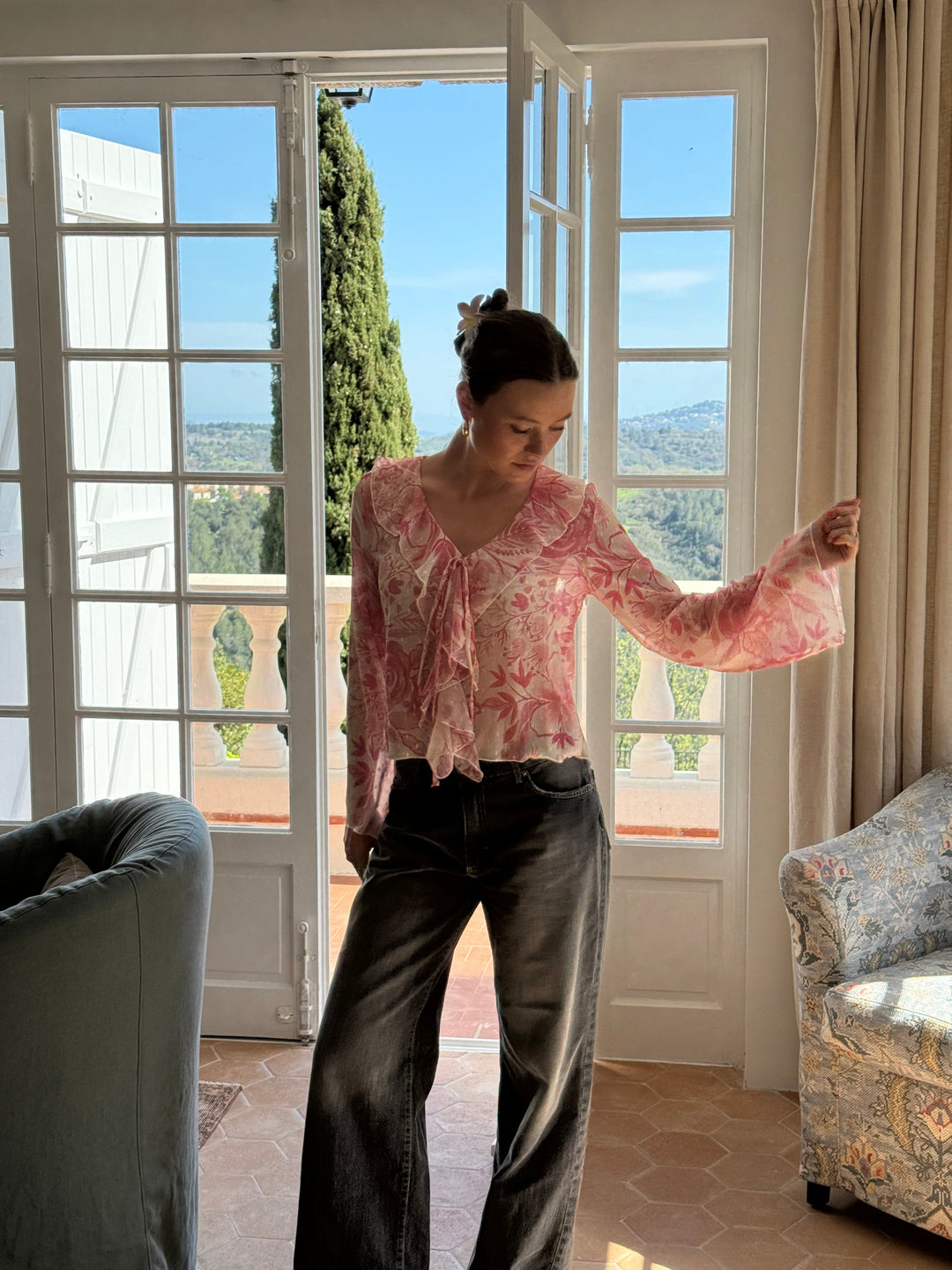 Elowen | Women’s Floral Blouse with tie neckline finish