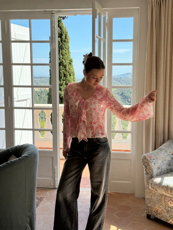 Elowen | Women’s Floral Blouse with tie neckline finish