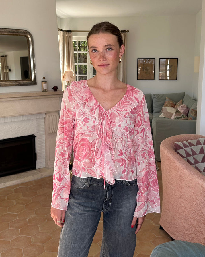 Elowen | Women’s Floral Blouse with tie neckline finish