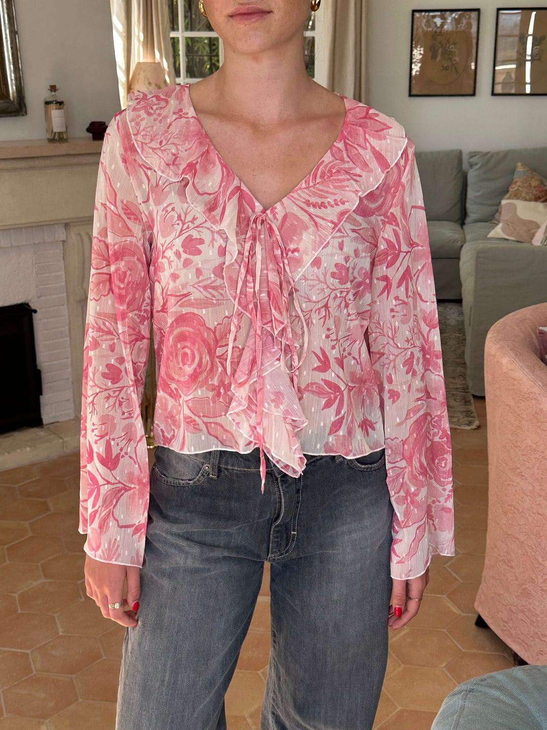Elowen | Women’s Floral Blouse with tie neckline finish