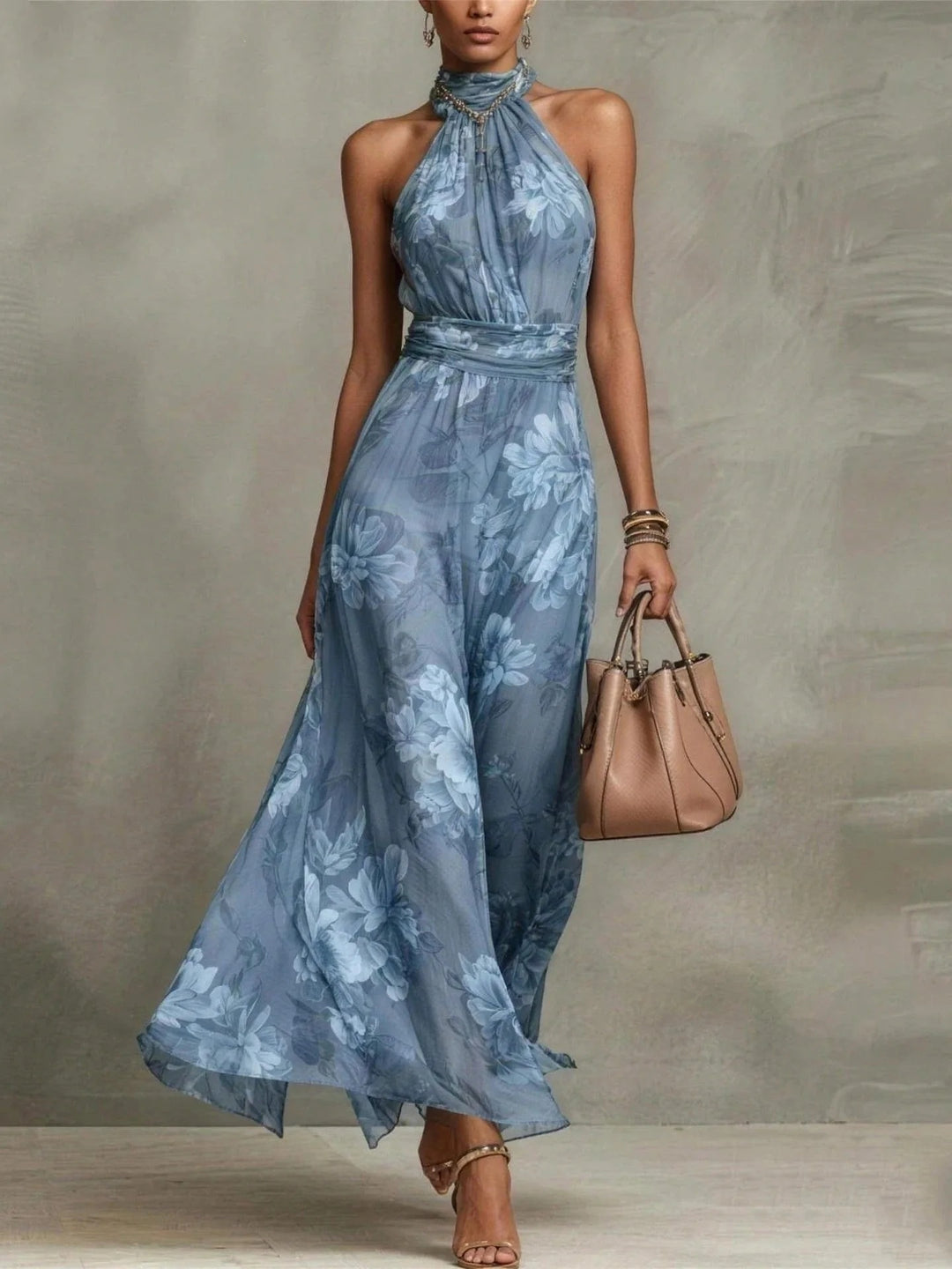 Avelira | Women’s Halterneck Maxi Dress with floral print and flowing soft cascade`