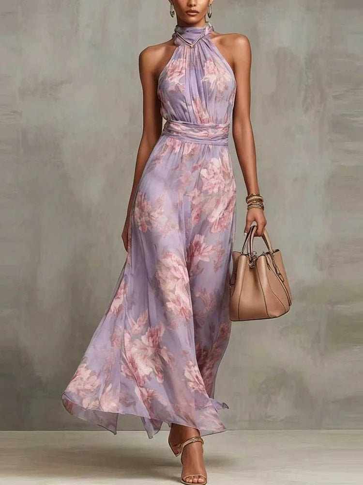 Avelira | Women’s Halterneck Maxi Dress with floral print and flowing soft cascade`