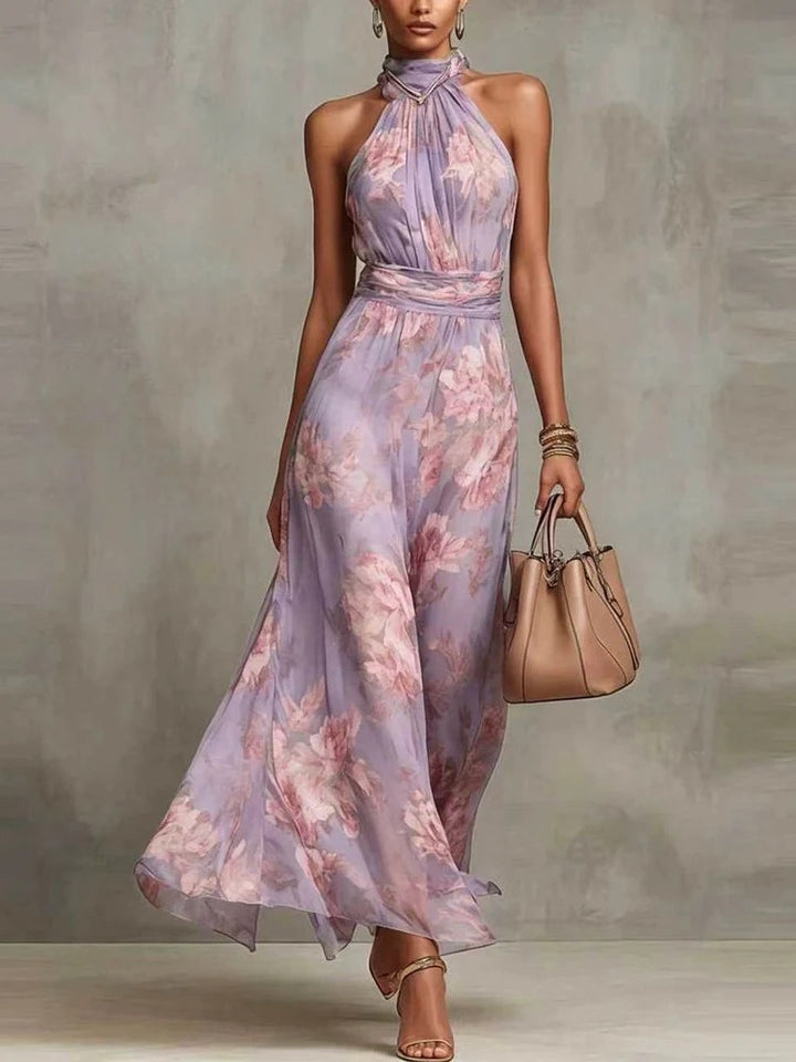Avelira | Women’s Halterneck Maxi Dress with floral print and flowing soft cascade`