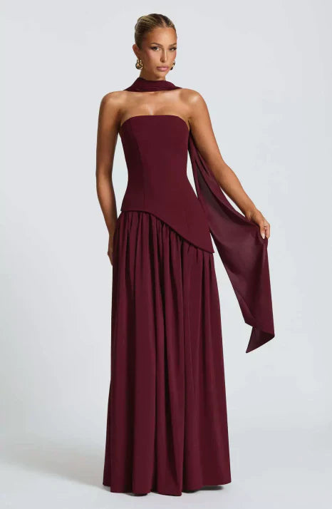 Elaris | Women’s Strapless Maxi Dress with graceful scarf fall