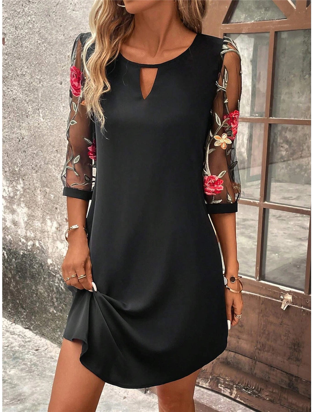 Elara | Women’s Floral Sleeve Dress with Soft Shift Silhouette