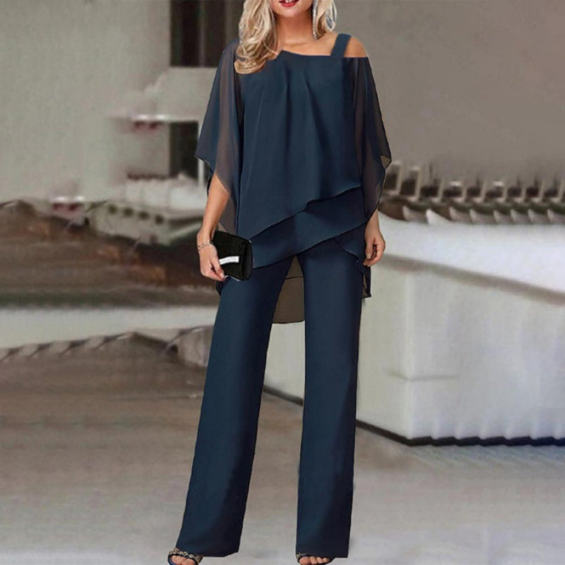 Elvessa | Women’s Two Piece Set with Asymmetric Top and Straight Leg Trousers