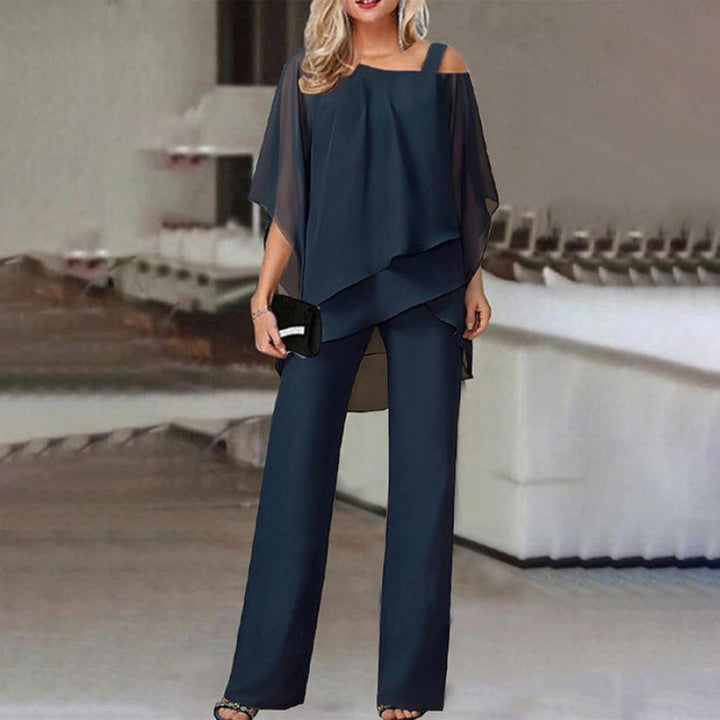 Elvessa | Women’s Two Piece Set with Asymmetric Top and Straight Leg Trousers