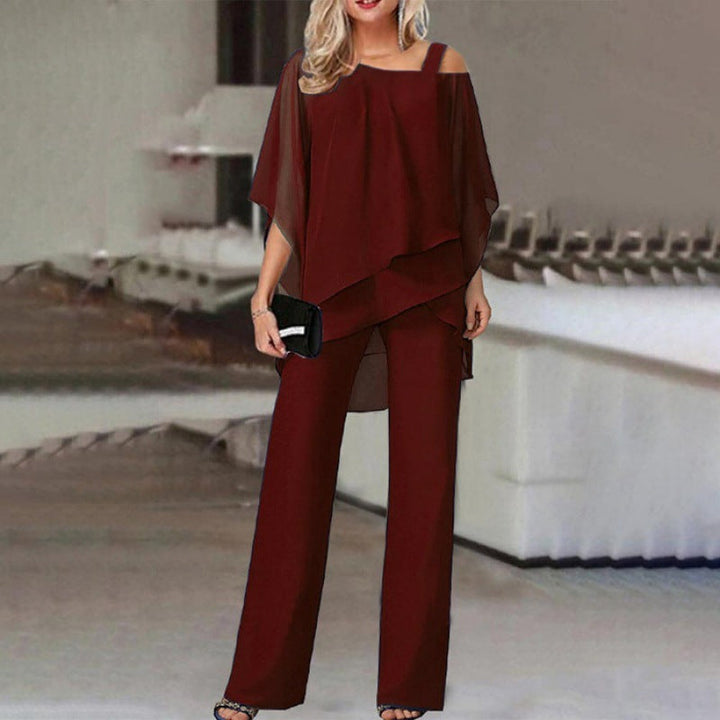 Elvessa | Women’s Two Piece Set with Asymmetric Top and Straight Leg Trousers