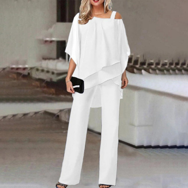 Elvessa | Women’s Two Piece Set with Asymmetric Top and Straight Leg Trousers