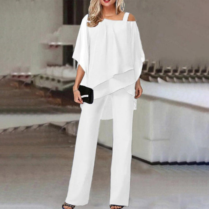 Elvessa | Women’s Two Piece Set with Asymmetric Top and Straight Leg Trousers