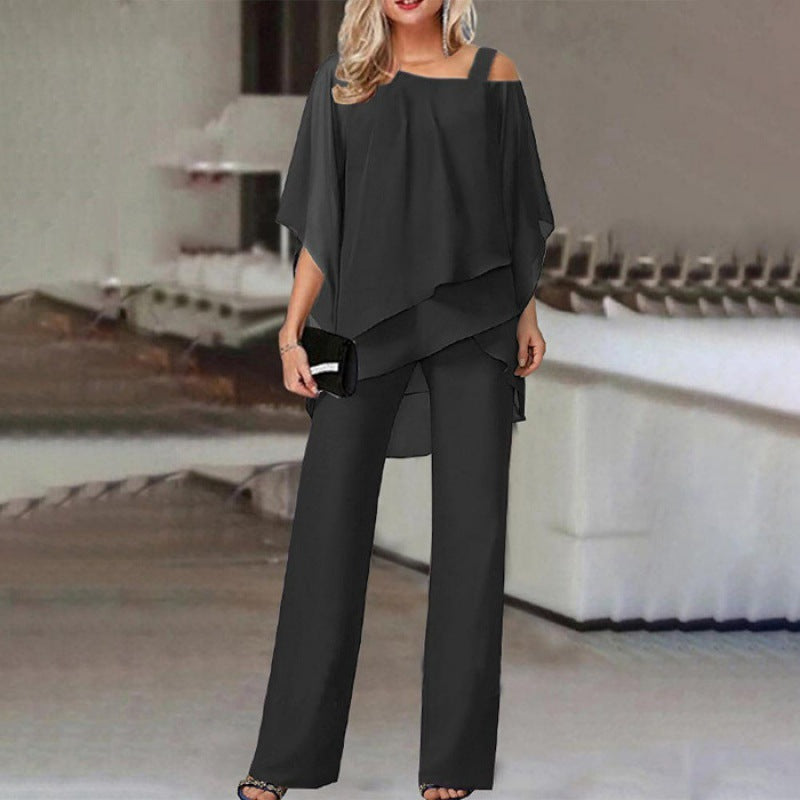 Elvessa | Women’s Two Piece Set with Asymmetric Top and Straight Leg Trousers