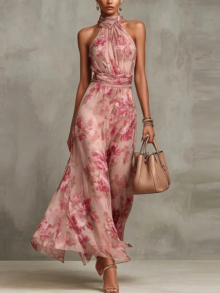 Avelira | Women’s Halterneck Maxi Dress with floral print and flowing soft cascade`