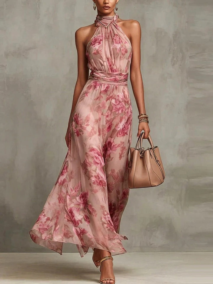 Avelira | Women’s Halterneck Maxi Dress with floral print and flowing soft cascade`
